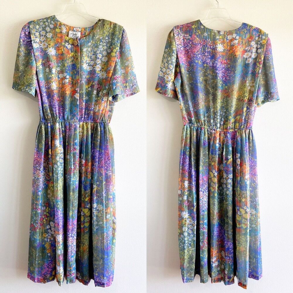 Lady Carol of New York Floral Multi-Color Dress Chiffon 70’s 80’s Vintage